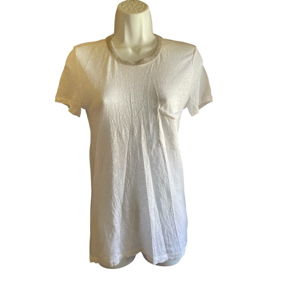 J.Crew White Embellished Neck Pocket Tee Top T-Shirt XS - Picture 1 of 5